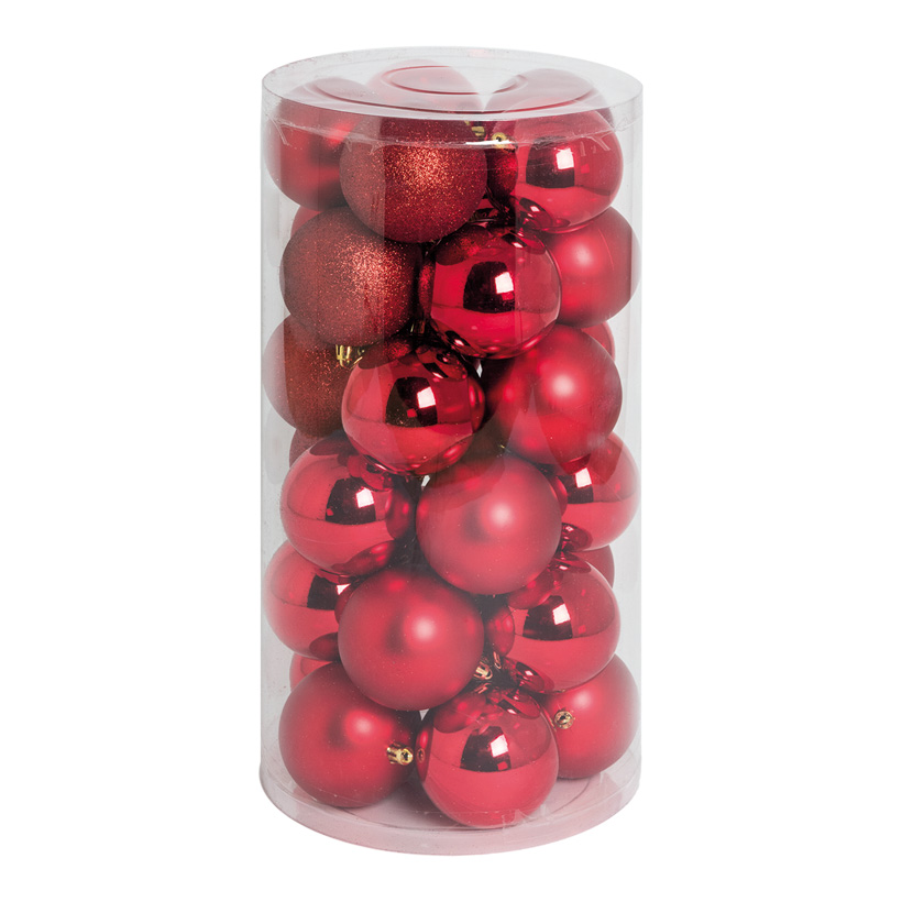 30 Christmas balls, red, Ø 8cm 12x shiny, 12x matt, 6x glittered