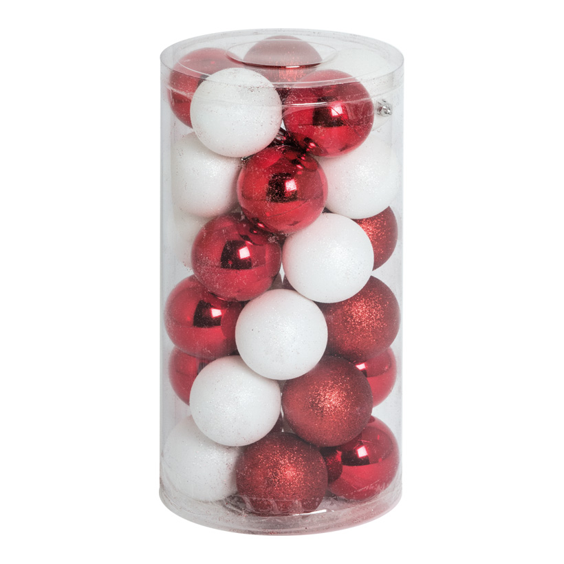 30 Christmas balls, red/white, Ø 6cm 12x red shiny, 12x white matt, 6x red glittered
