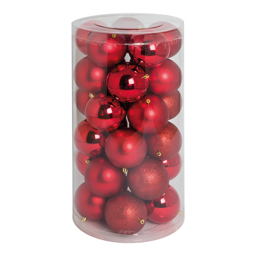30 Christmas balls, red, Ø 10cm 12x shiny, 12x matt, 6x glittered