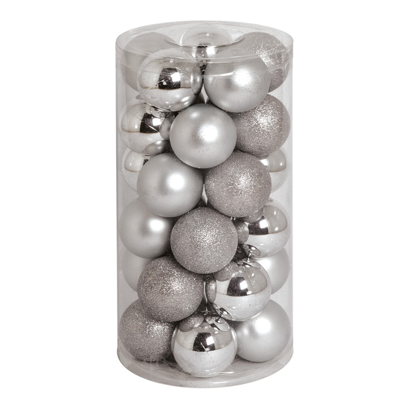 30 Christmas balls, silver, Ø 6cm 12x shiny, 12x matt, 6x glittered