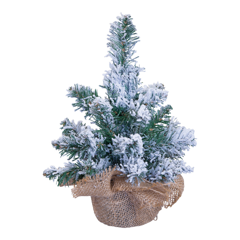 Noble fir tree, 30cm 27 tips, out of plastic, in jute bag, snowed