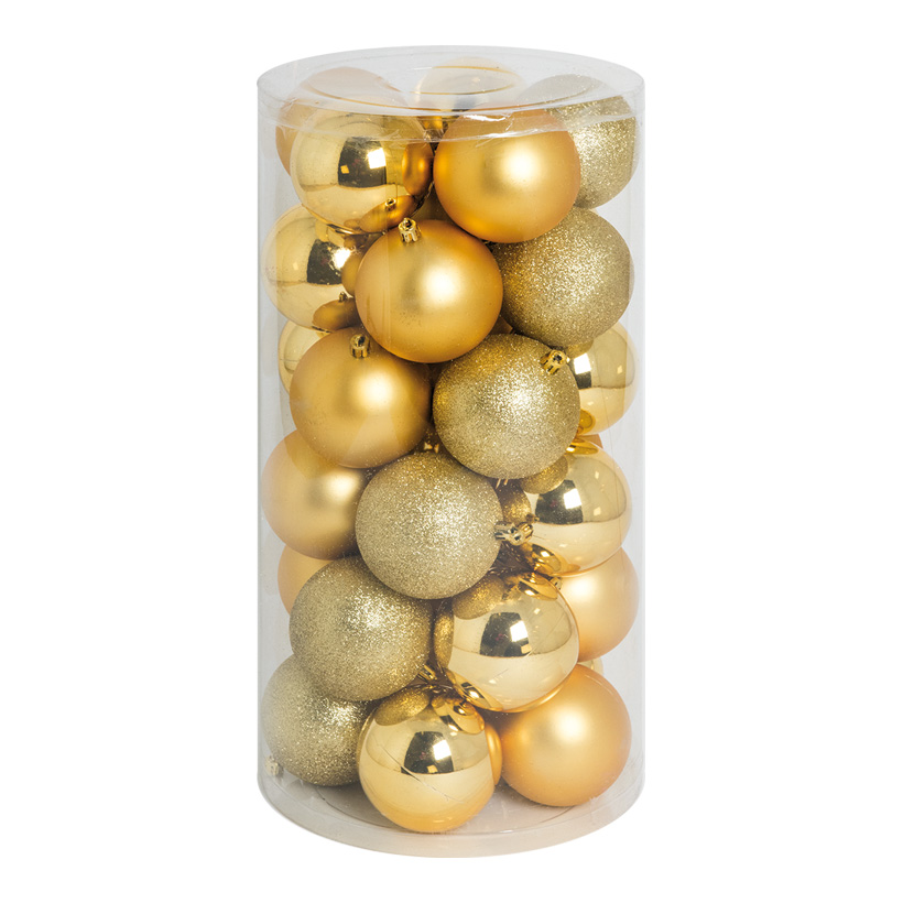 30 Christmas balls, gold, Ø 8cm 12x shiny, 12x matt, 6x glittered
