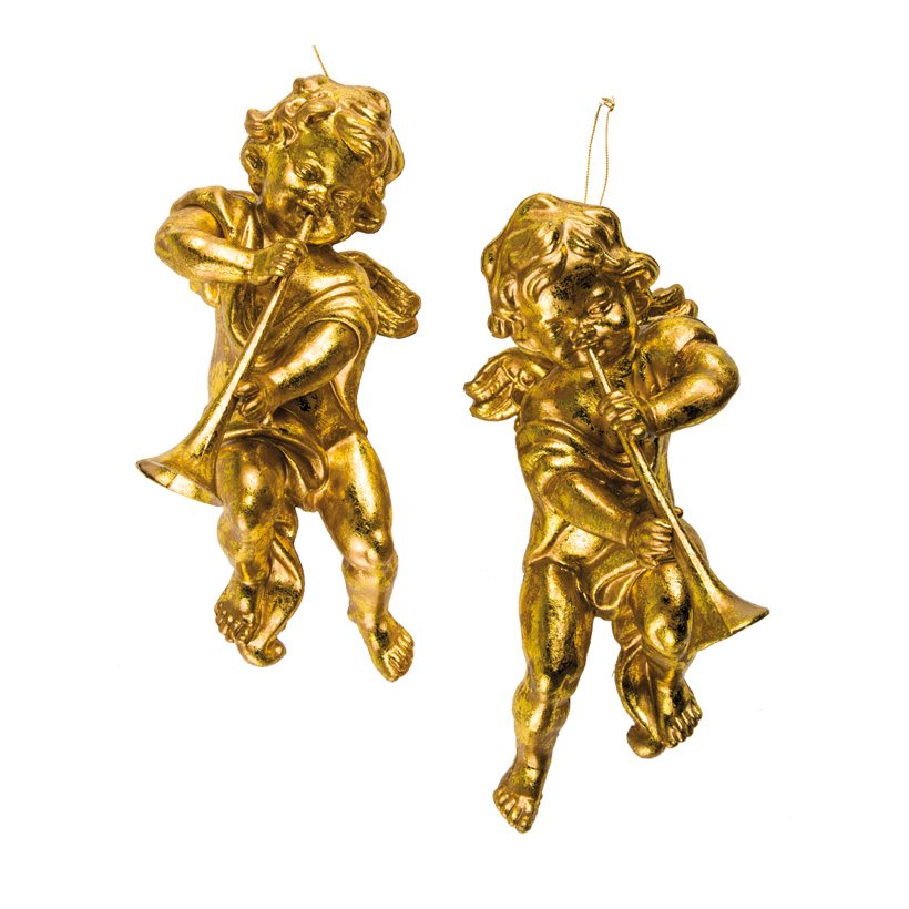 Cherubs, H: 27cm set of two, with trumpets & hanger