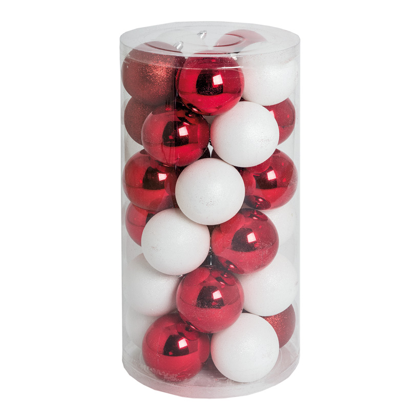30 Christmas balls, red/white, Ø 8cm 12x red shiny, 12x white matt, 6x red glittered