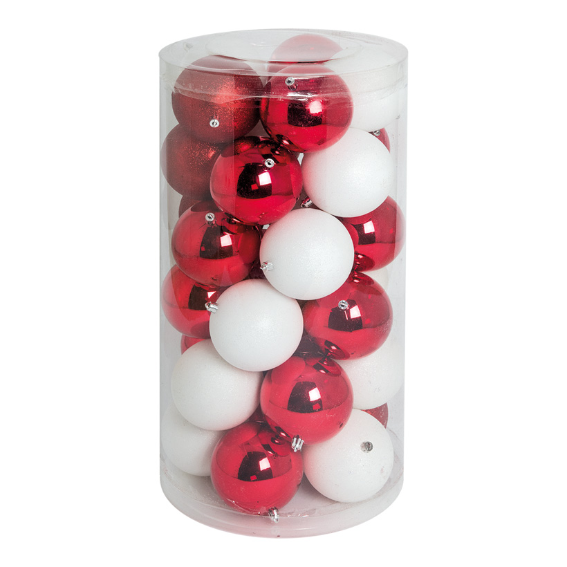 30 Christmas balls, red/white, Ø 10cm 12x red shiny, 12x white matt, 6x red glittered