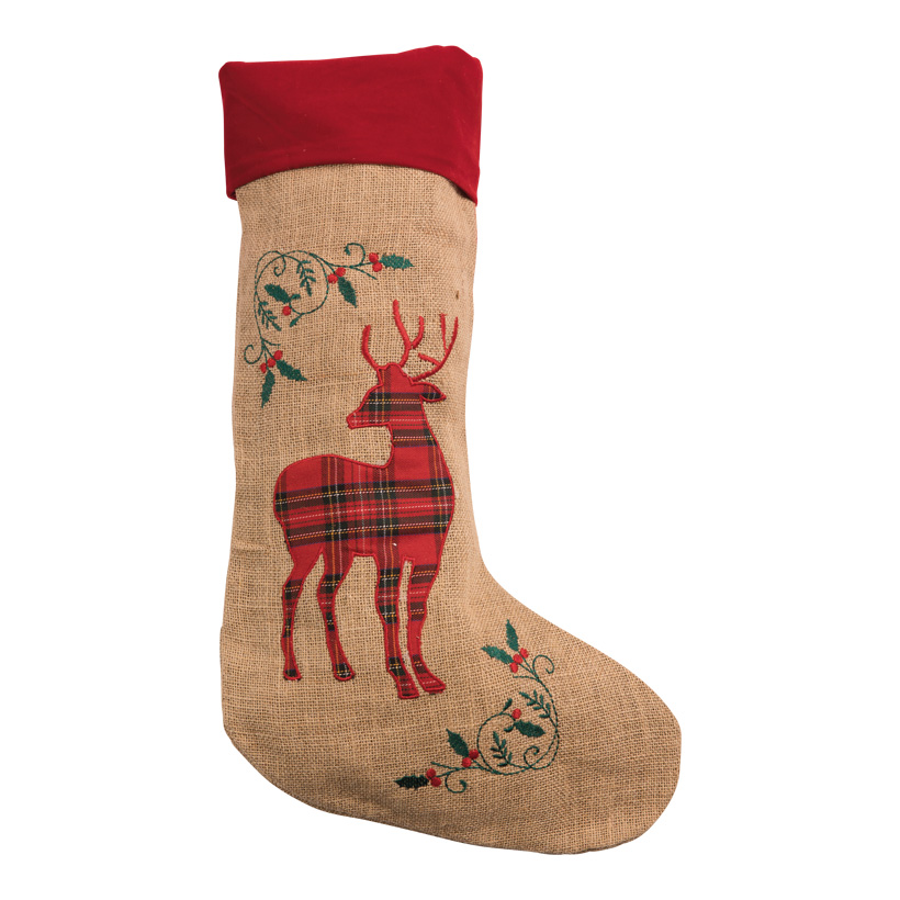 Jute Christmas sock, 52x20cm out of velvet, Red Tartan Deer, printed, with hanger
