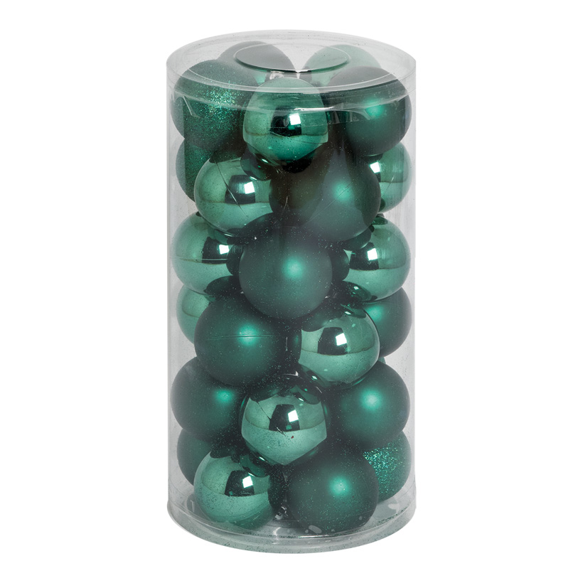 30 Christmas balls, dark green, Ø 6cm 12x shiny, 12x matt, 6x glittered