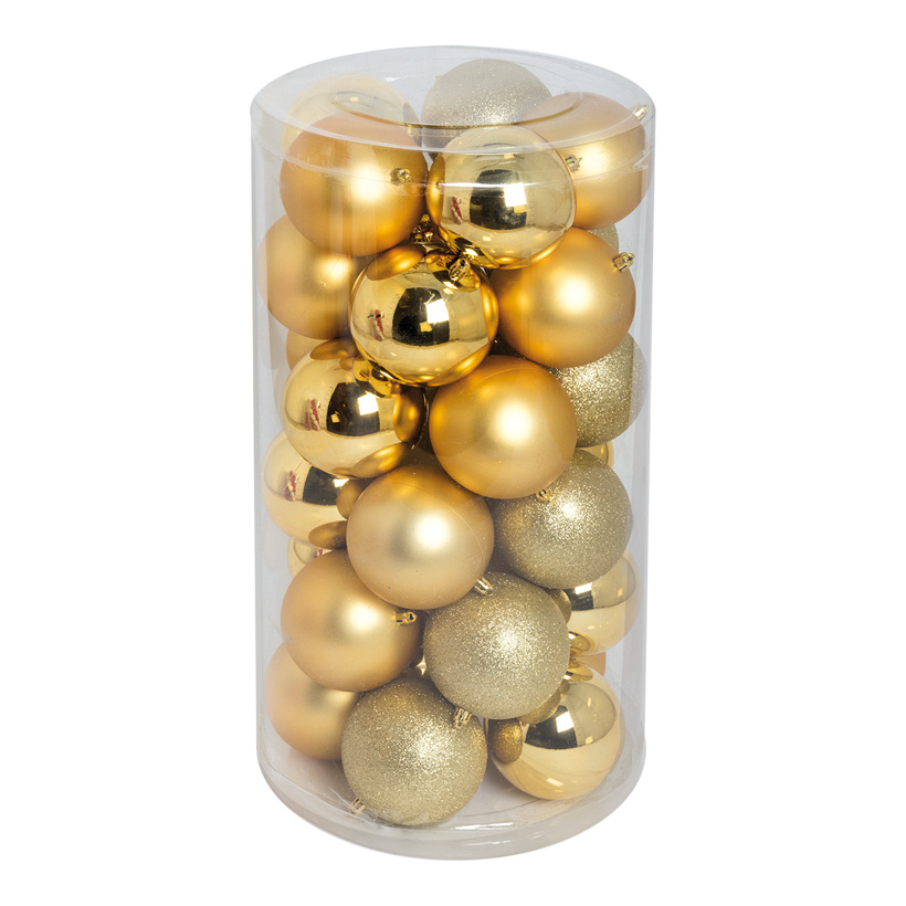 30 Christmas balls, gold, Ø 10cm 12x shiny, 12x matt, 6x glittered