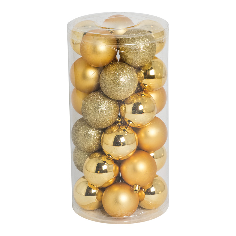 30 Christmas balls, gold, Ø 6cm 12x shiny, 12x matt, 6x glittered