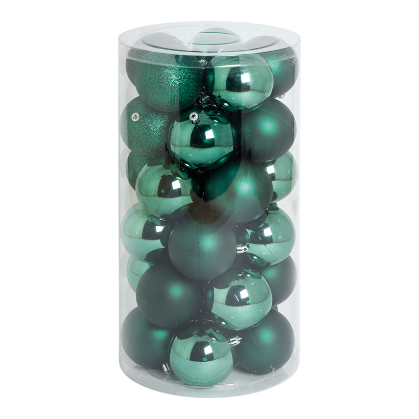 30 Christmas balls, dark green, Ø 8cm 12x shiny, 12x matt, 6x glittered