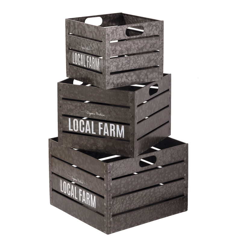# Metal boxes, 27x27x23cm-40x40x28cm set of 3, with lettering "Local Farm"