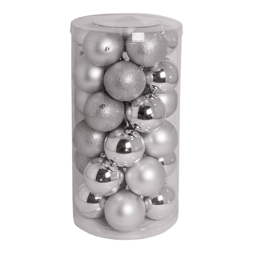 30 Christmas balls, silver, Ø 10cm 12x shiny, 12x matt, 6x glittered
