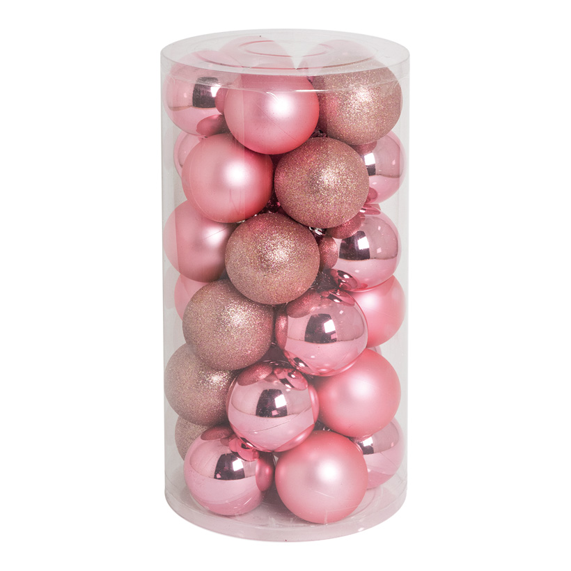 30 Christmas balls, pink, Ø 8cm 12x shiny, 12x matt, 6x glittered