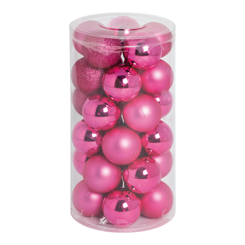 30 Christmas balls, cerise, Ø 6cm 12x shiny, 12x matt, 6x glittered