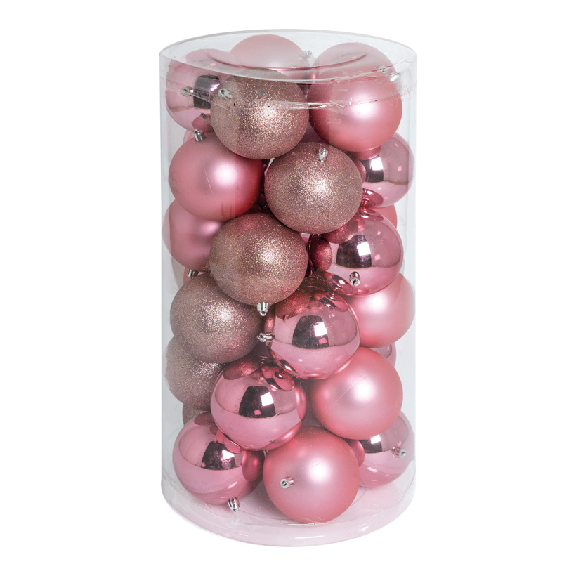 30 Christmas balls, pink, Ø 10cm 12x shiny, 12x matt, 6x glittered