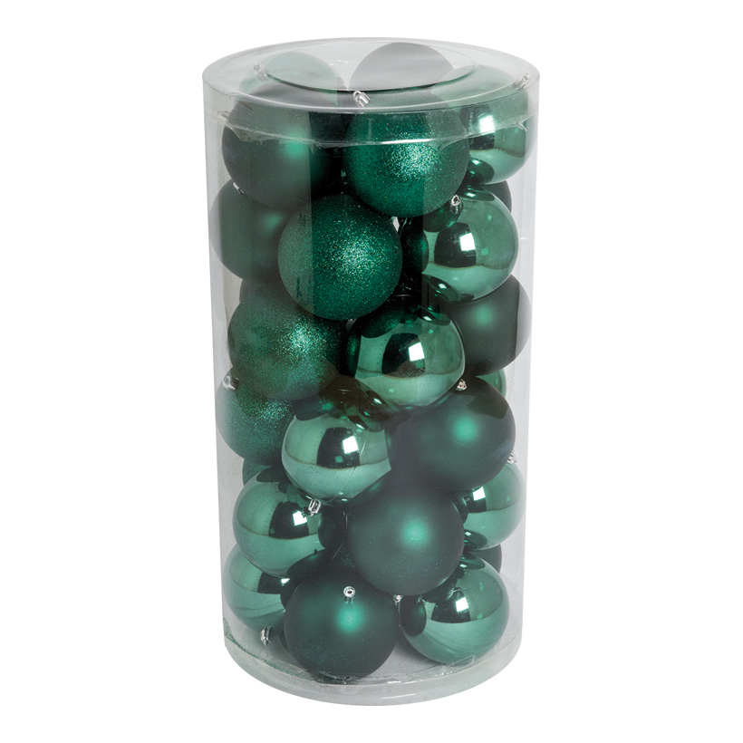 30 Christmas balls, dark green, Ø 10cm 12x shiny, 12x matt, 6x glittered