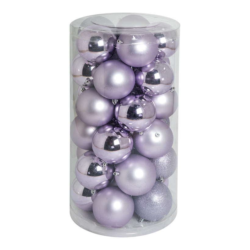30 Christmas balls, lilac, Ø 10cm 12x shiny, 12x matt, 6x glittered