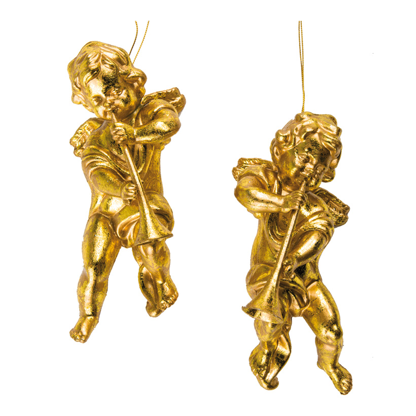 Cherubs, H: 18cm set of two, with trumpets & hanger