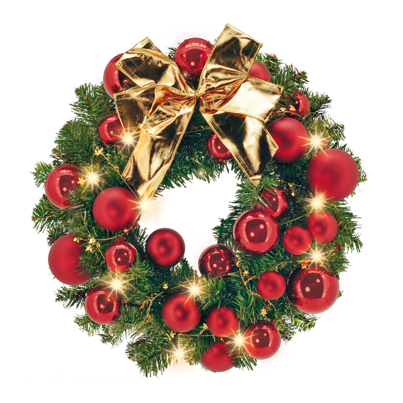 Fir wreath, Ø 45cm, decorated, with 30 LEDs, warm/white, Plug: 2,5A, 250V