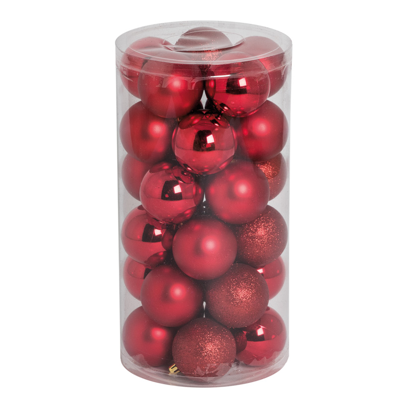30 Christmas balls, red, Ø 6cm 12x shiny, 12x matt, 6x glittered