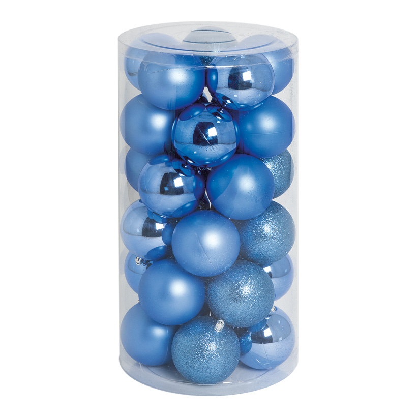 30 Christmas balls, blue, Ø 8cm 12x shiny, 12x matt, 6x glittered